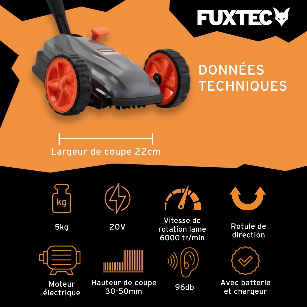 FUXTEC Tondeuse sans Fil FX-E1RMEH20 20V 4Ah 22cm 6000 TR/Min 3 Hauteurs