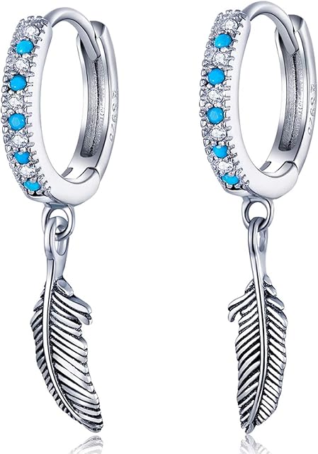 Qings 925 Sterling Silver Feather Earrings for Women, Cubic Zirconia Hoop Earrings with Blue Turquoise, Hypoallergenic Sleeper Huggie Earrings Jewellery Gift for Wedding Engagement Valentines Girls