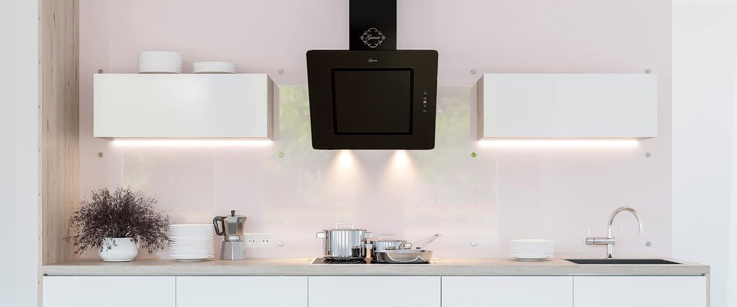 GURARI 155 60 BL Pr, cassapanca a parete, cappa da cucina di lusso 60 cm, vetro nero, 1000 m³/h estrarre bordi, per scarico e ricircolo