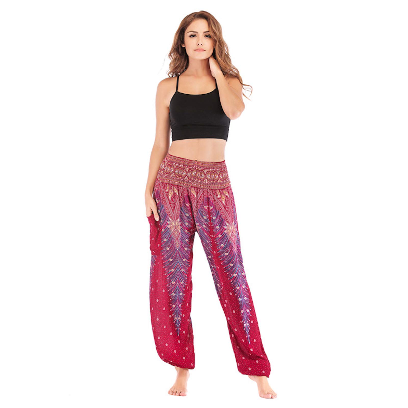 WSLCN Women's Harem Hippie Pants Baggy Boho Patterned High Waist Smocked Waist Thin with Pockets Lounge Trousers for Yoga Summer Beach 171-12