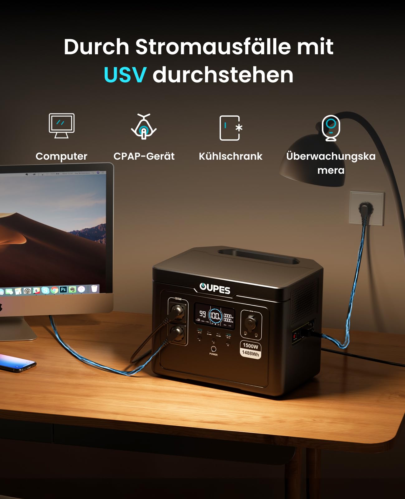 OUPES Exodus 1500 Tragbare Powerstation 1500W, 1488Wh Solargenerator mit 2 Steckdose (Boost 1700W, 3600W Spitze), Schnellladung, USV-Funktion Akku Generator für Camping, Wohnmobil, Reise