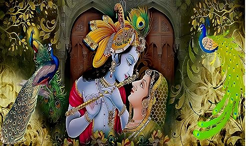 Image of Radha Krishna Design Backdrop for Pooja Decoration Traditional /Background Curtain Cloth for Pooja /Festival Size 5 Feet Height and 8 Feet Width(5 * 8)