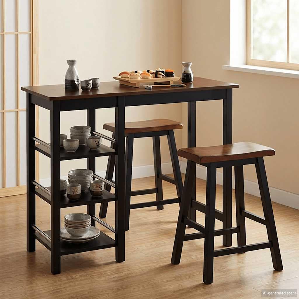 Juego de bar de 3 piezas de MDF negro, mesa de bar y 2 taburetes, con estantes para comedor, cocina, diseño que ahorra espacio, comodidad para familia e invitados