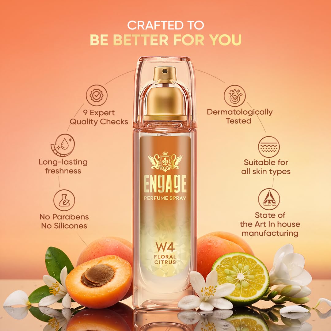 Engage W4 Perfume Spray for Women 120ml | Citrus & Floral | Long Lasting | No Parabens | No Silicones| Dermatologically Tested | Skin Friendly | Crafted for Everyday Luxury | Also try Verona EDP 2
