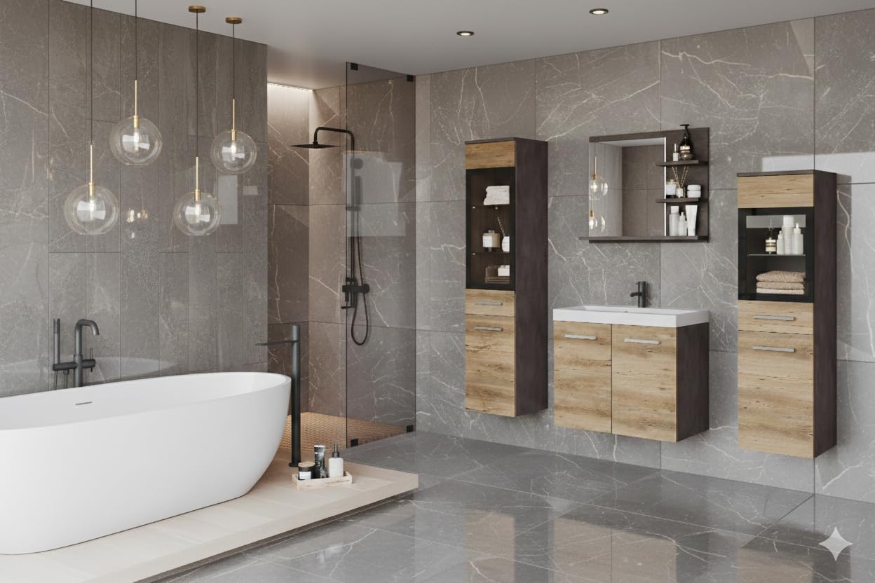 MINIO go for it - Ensemble de Salle de Bains Marit, Miroir avec étagère, Vasque, Panneaux de Particules mélaminés, Coloris: Graphite Matera/Châtaigne Breaslau
