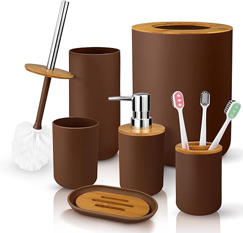 Miniatura 1 de 6 Pcs Bamboo and Plastic Bathroom Accessories Sets, Includes Toothbrush Cup, Toothbrush Holder, Soap Dispenser, Soap Dish, Toilet Brush with Holder,