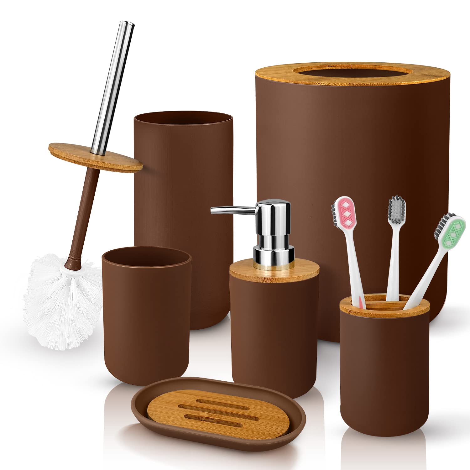 Set di accessori da bagno in bambù e plastica, 7 pezzi, include tazza per spazzolino, portaspazzolino, dispenser di sapone, portasapone, scopino per WC con supporto, bidone della spazzatura, con 3