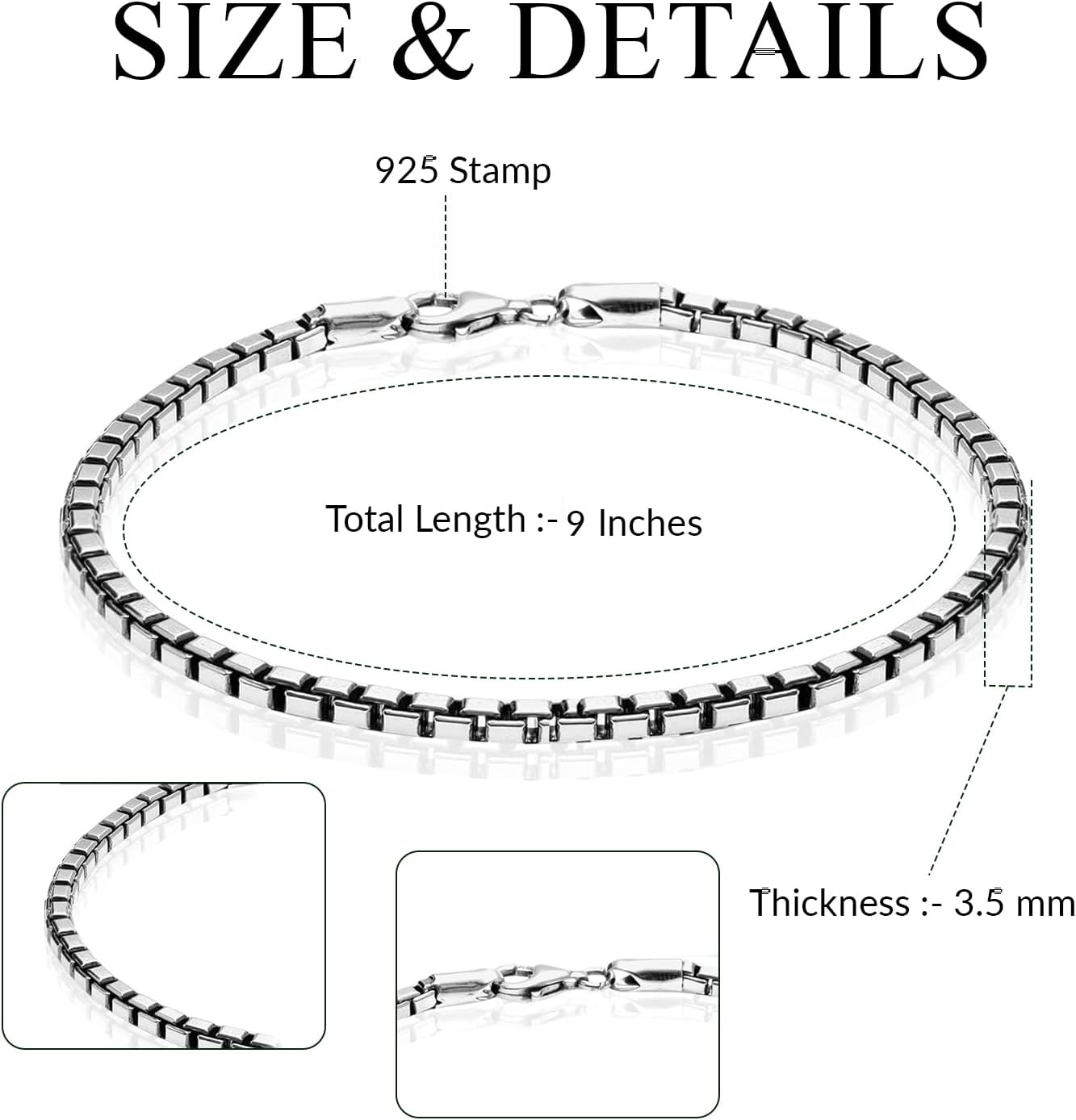 LeCalla Solid 925 Sterling Silver Italian Box Chain Bracelets for Men | Classic 3.5MM Minimalist Silver Bracelets (7.5, 8, 8.5, 9 Inches), Made in Italy - Image 5