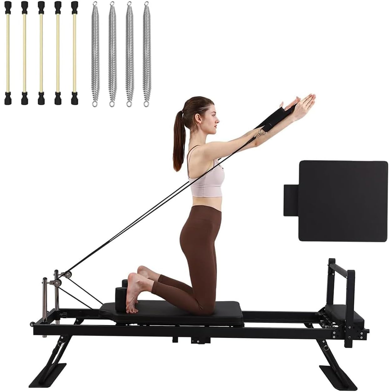 Faltbare Pilates Reformer Maschine für Home Workouts, Einstellbare Trainingsgeräte mit Edelstahlfedern und Sprungbrett, Fitnessgeräte für Home Gym