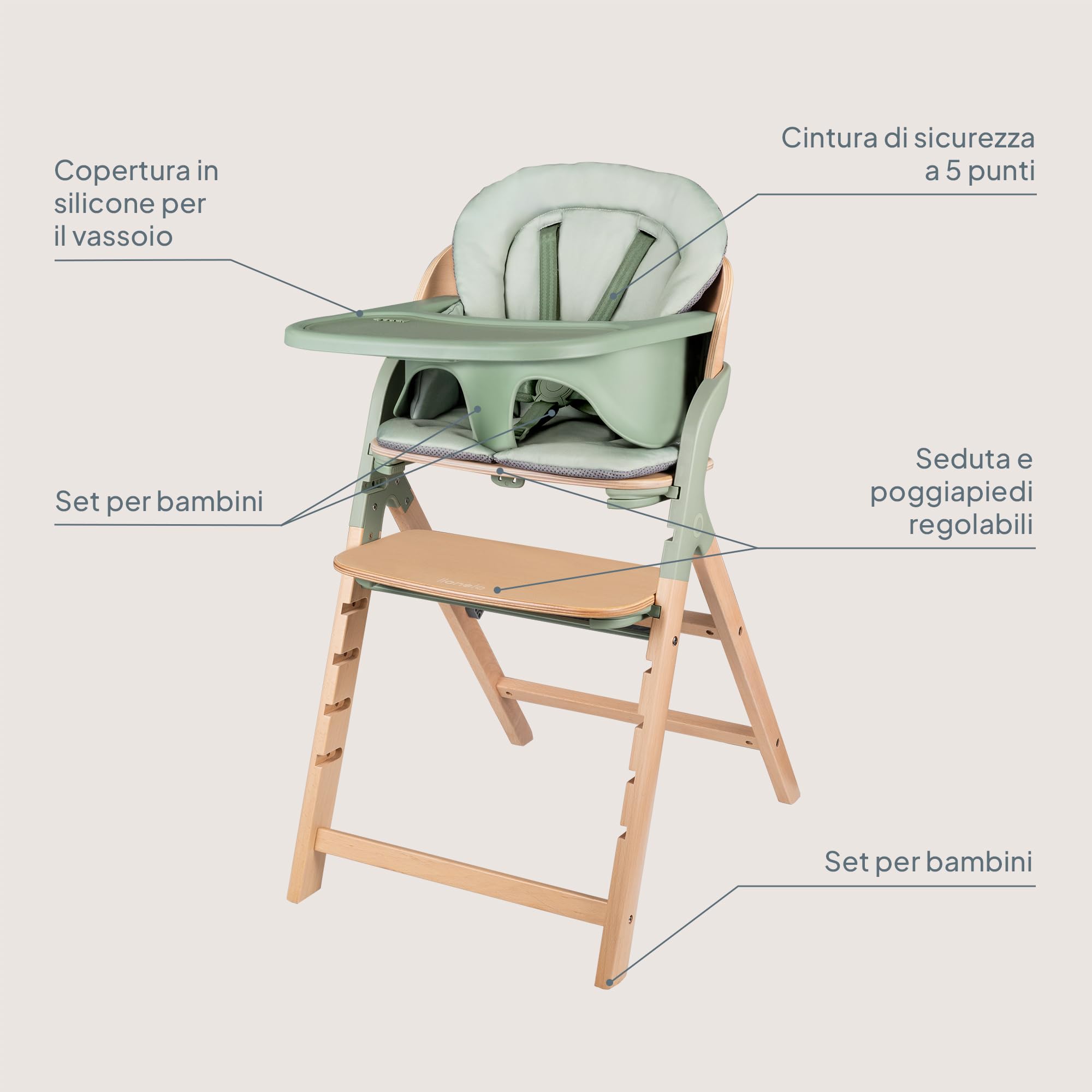 LIONELO Seggiolone Pappa in Legno Megan, Cresce con il Bambino da 6 Mesi a 110 kg, Poggiapiedi regolabile, Cinture di sicurezza a 5 punti, Cuscino per Seduta, Pulizia facile (Legno Verde)