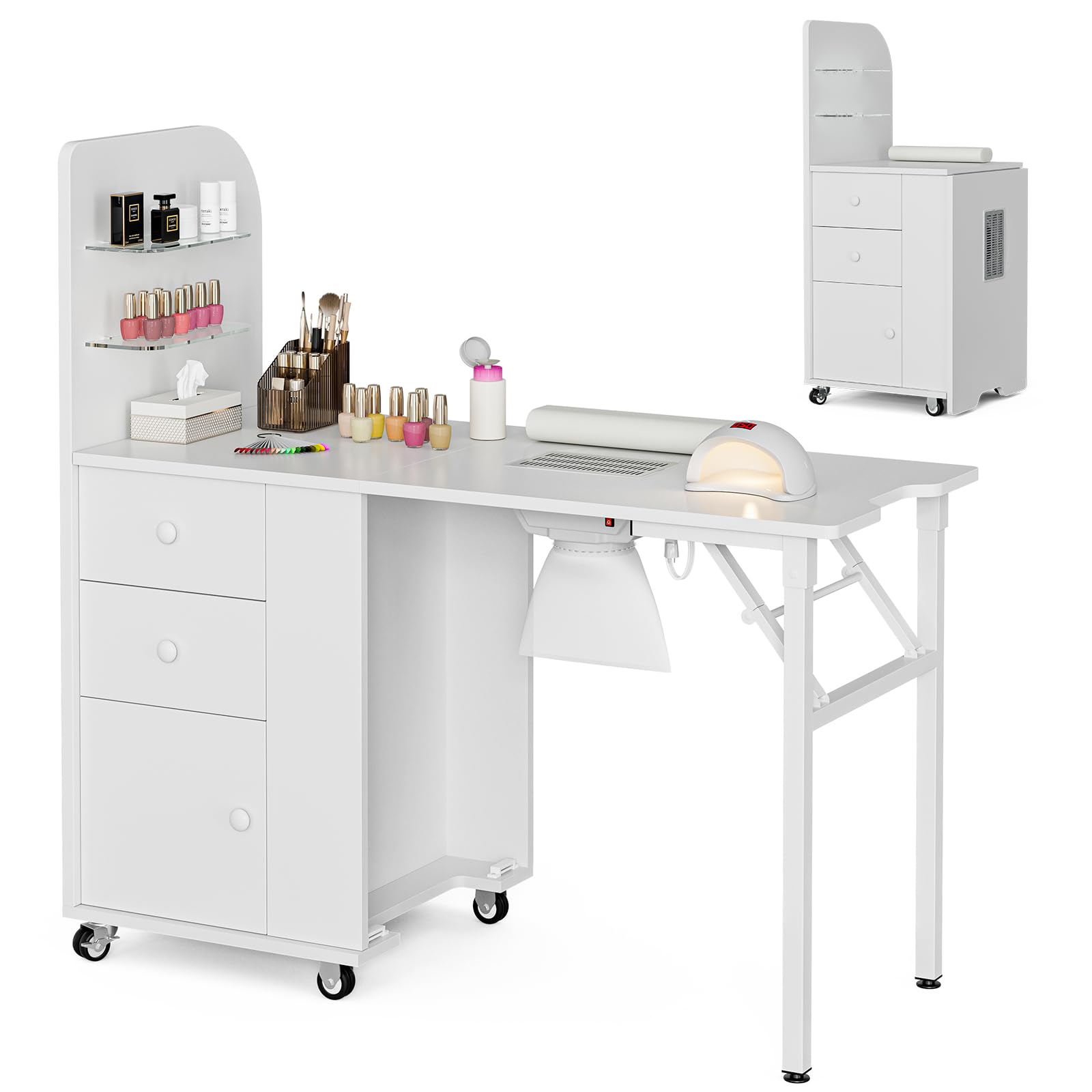 Belandi Foldable Nail Desk Manicure Table, Folding Nail Table Station for Nail Tech w/Dust Collector, 2 Open Shelves & 2 Drawers, Foldable Manicure