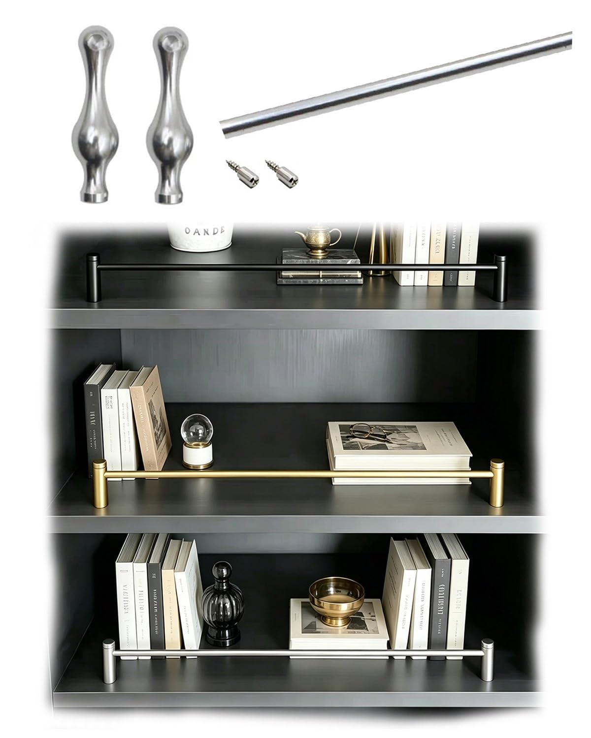 Zimgod Silver-C Aluminum Gallery Rail Kit For Bookshelves/Furniture/Cabinet, Shelf Edge Tipping Guardrail Rod, Decorative Shelving Fence With Spindles & Hardware(,52In/132Cm)