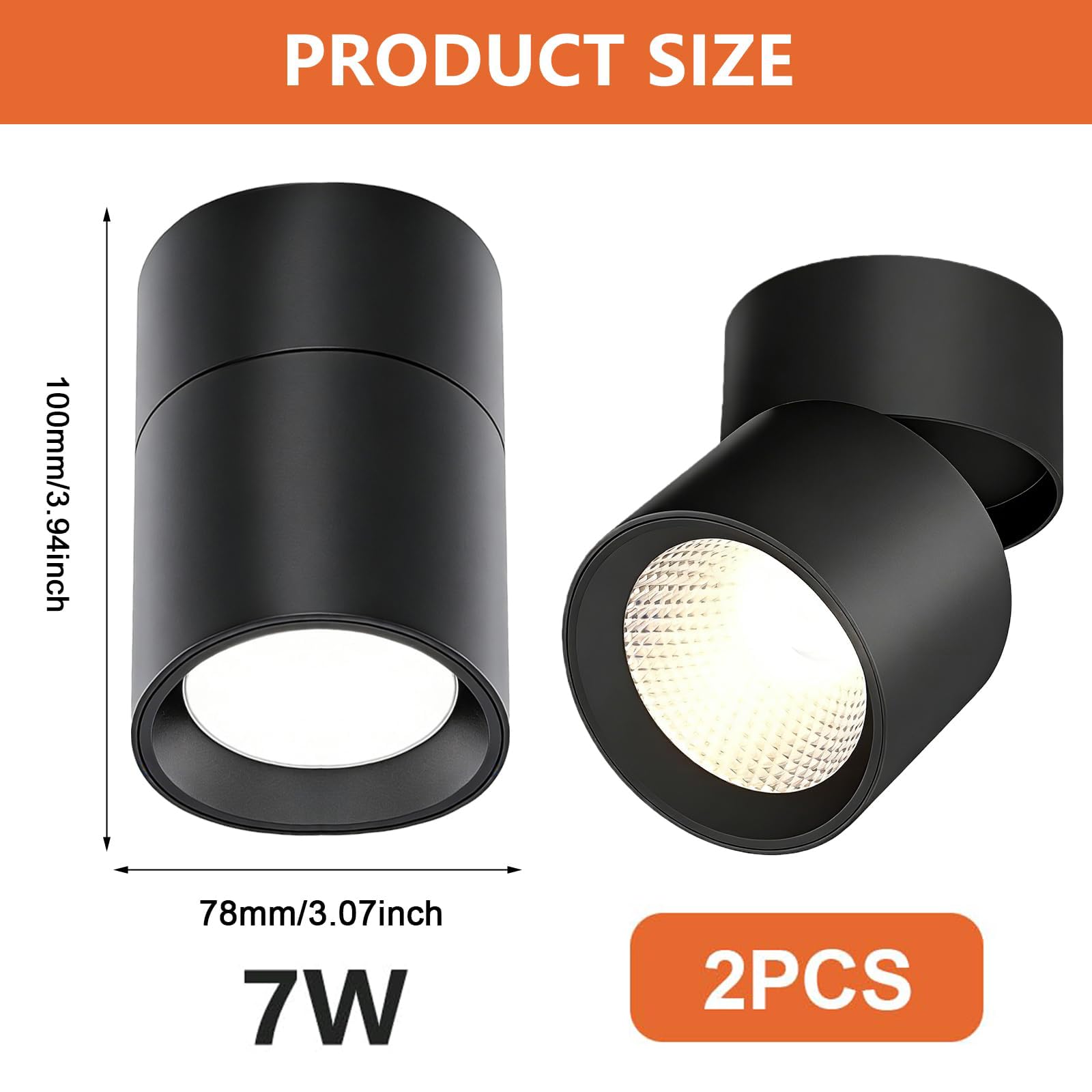 2-częściowy reflektor sufitowy LED, obrotowy reflektor sufitowy 7 W, składana lampa sufitowa, światło trzykolorowe, Ø78 × 100 mm, czarna