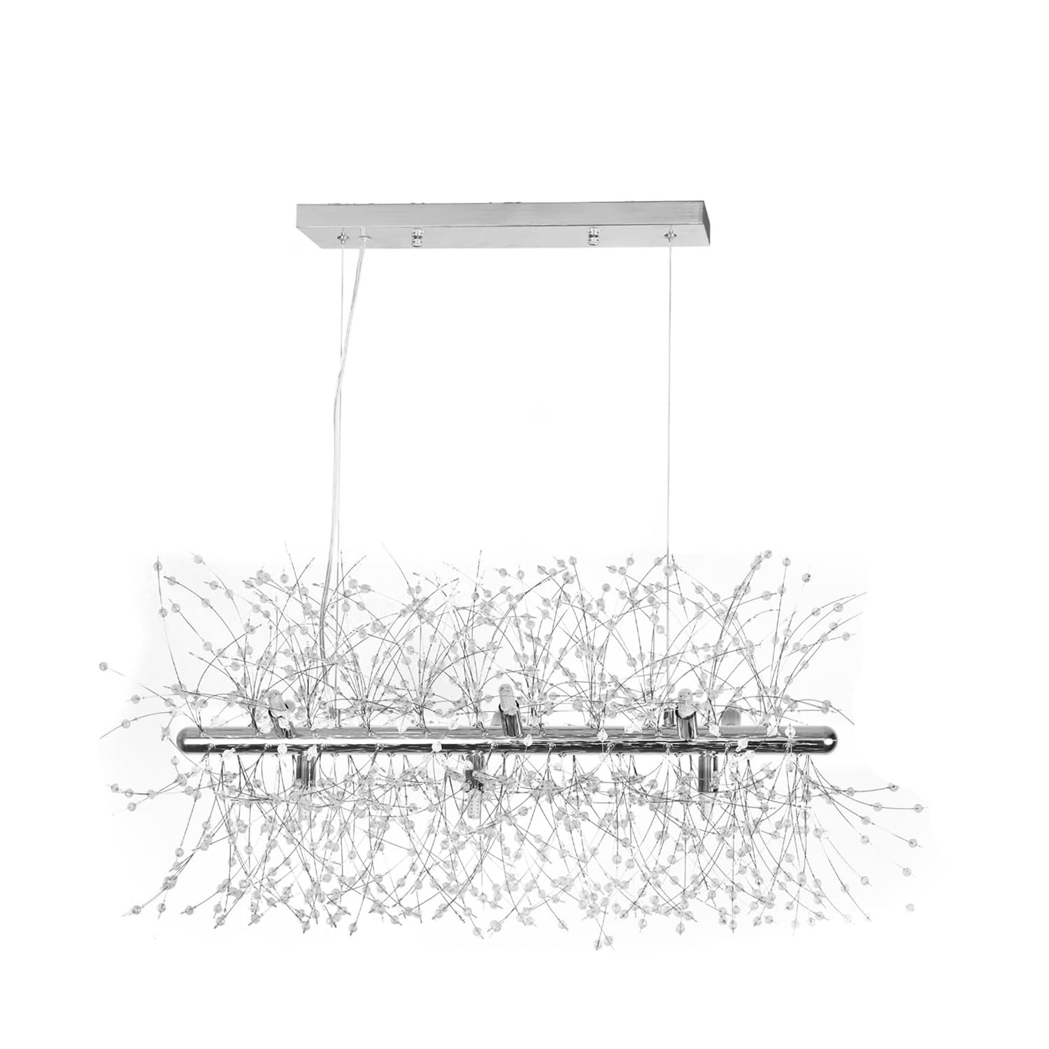 KXEcoLife Modern Crystal Chandeliers Firework, 27.6 Inch 9-Light Brushed Nickel Dandelion Chandelier for Dining Room, Linear Pendant Lighting Fixture Kitchen Island Bedroom Living Room