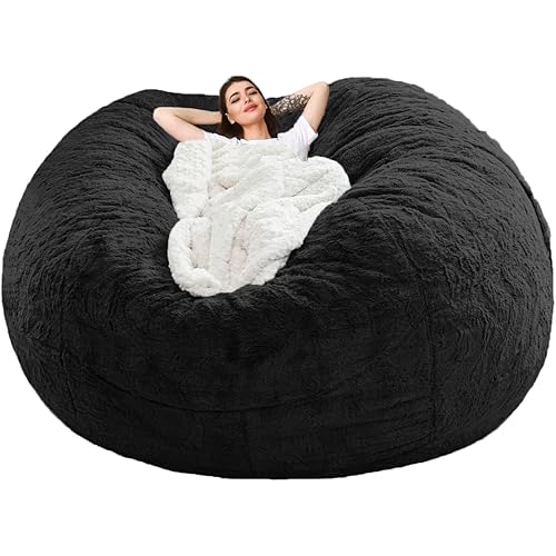 Giant Fur Bean Bag Chair Cover for Kids Adults, (No Filler) Living Room Furniture Big Round Soft Fluffy Faux Fur Beanbag Lazy Sofa Bed Cover (Black, 5FT)