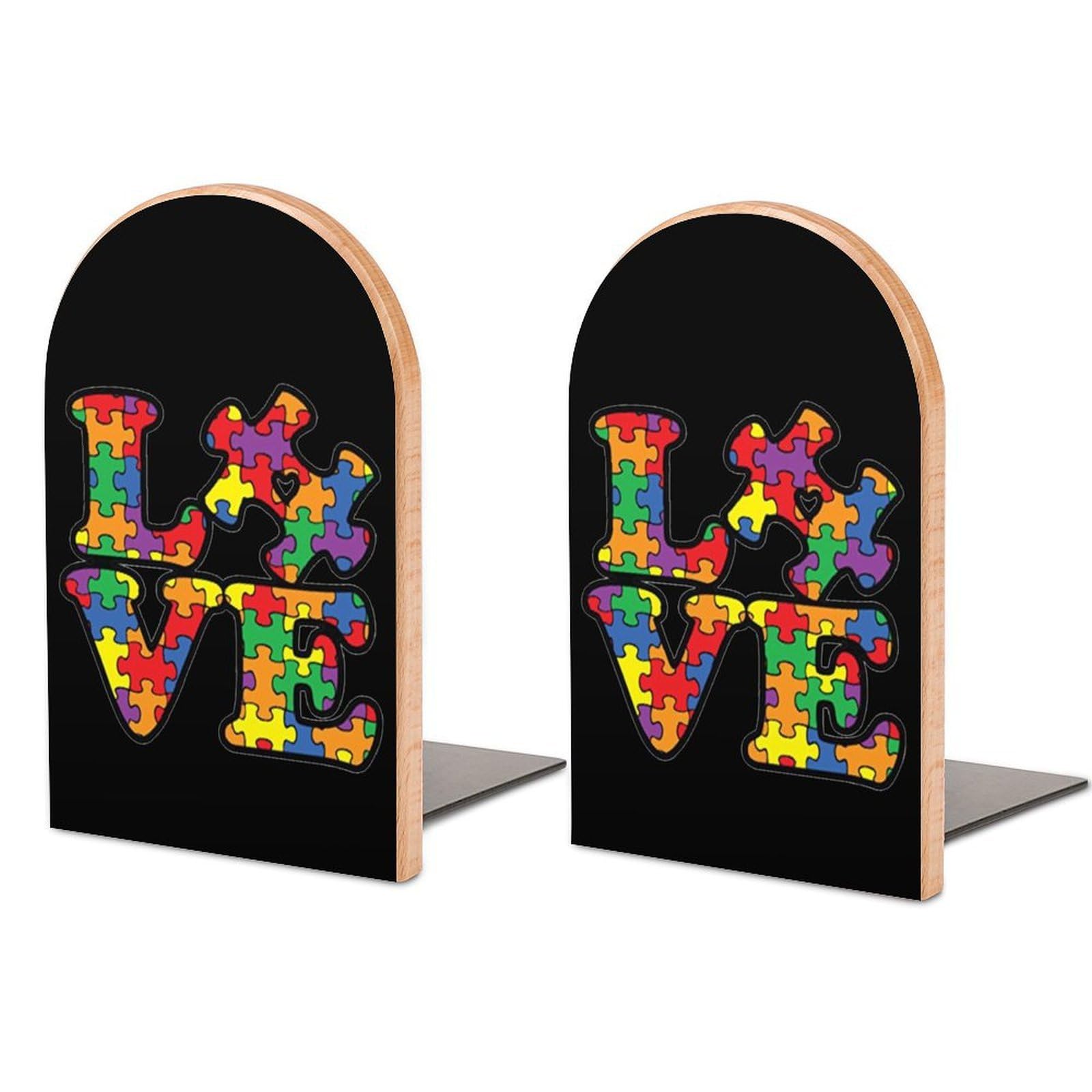 Love Autism Awareness Puzzle Book Ends for Shelves Bookends Bookshelf Holder Stand Books Stopper Home Office Decor