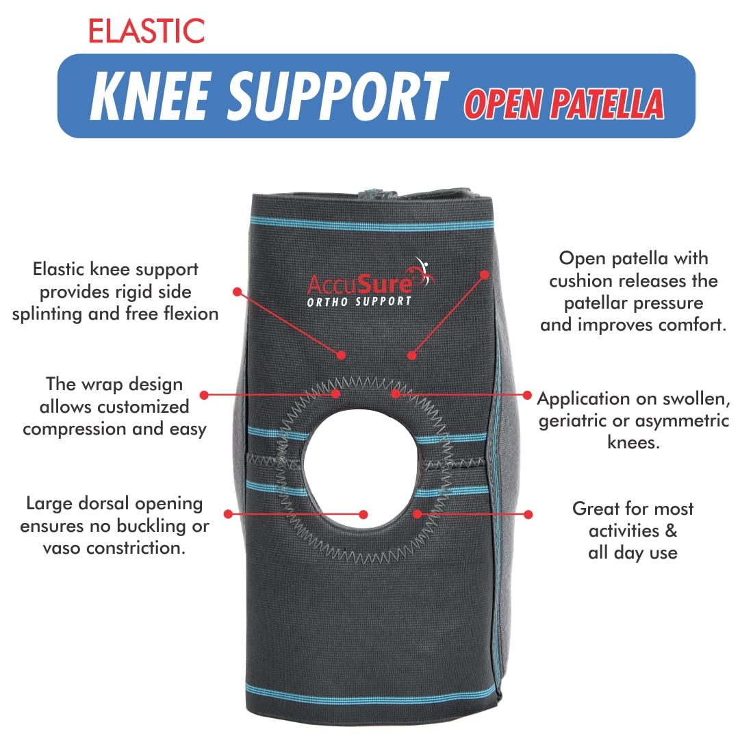 AccuSure Knee Support, Open-Patella Brace for Arthritis, Joint Pain Relief, Injury Recovery with Adjustable Strapping & Breathable Elastic Material (S) 3
