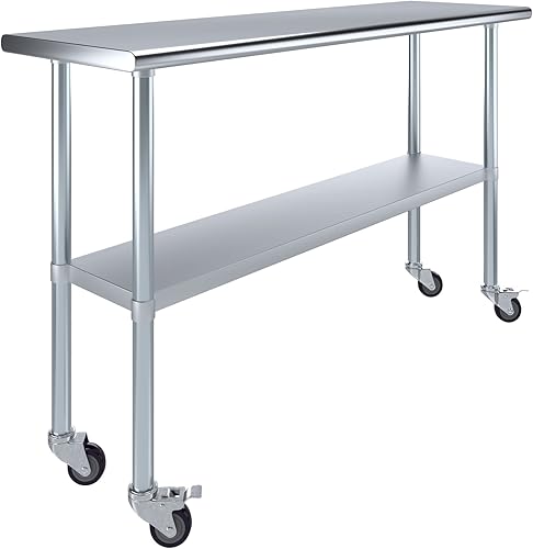 AmGood Mesa de trabajo de acero inoxidable de 18 x 60 pulgadas con ruedas | Mesa móvil de metal | Preparación de alimentos