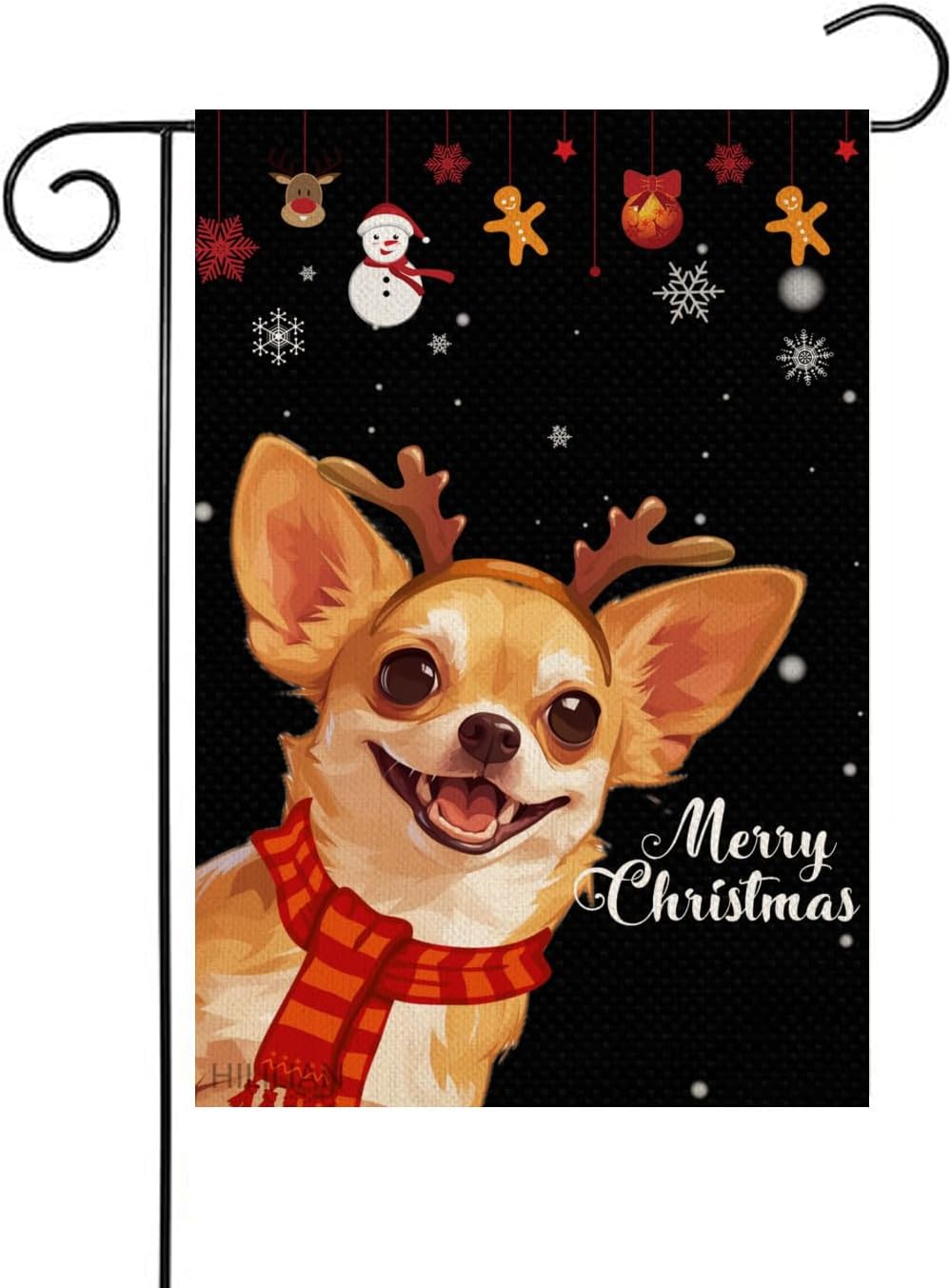 Merry Christmas Chihuahua Garden Flag 12x18 Vertical Double Sided Winter Dog Christmas antlers Red Striped Scarf Holiday Outside Decorations Burlap Yard Flag(7635)