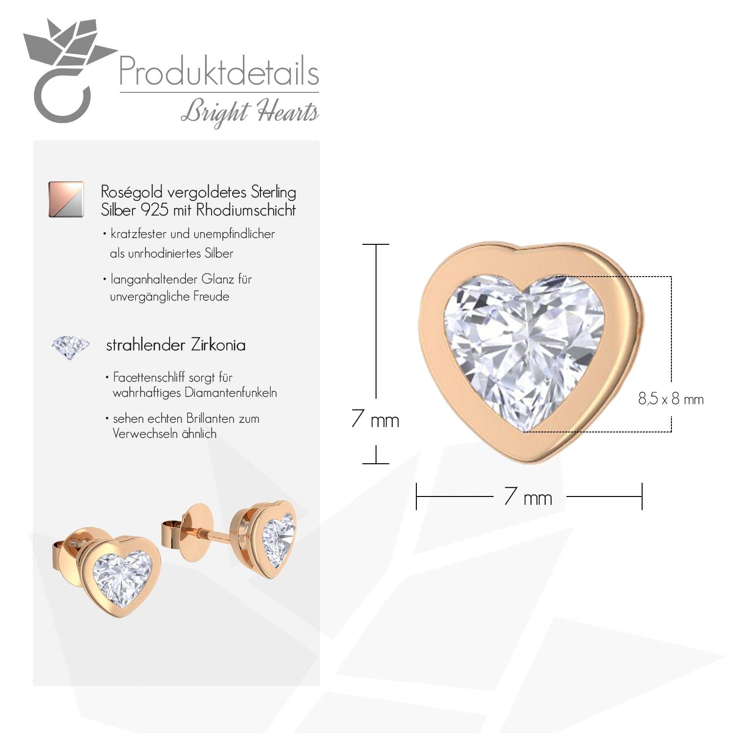 Herz Ohrstecker Rosegold klein Zirkonia Damen Ohrringe Silber 925 vergoldet