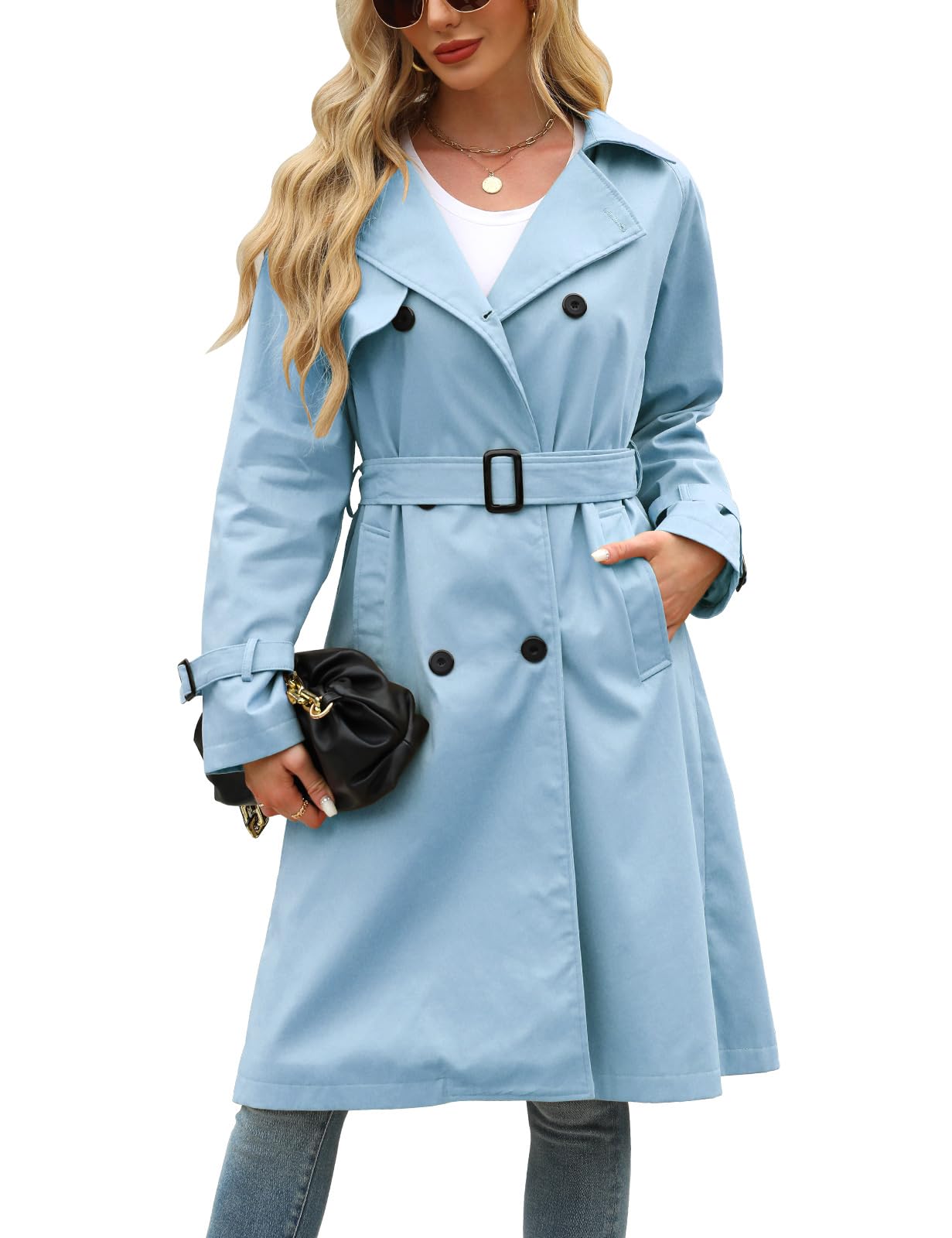 Tuopuda Gabardina para mujer Casual Abrigos con Cinturón Larga Gabardina mujer de Cuello Solapa Clásica Doble Botonadura Cortaviento Trench Chaqueta Primavera Otoño Abrigos