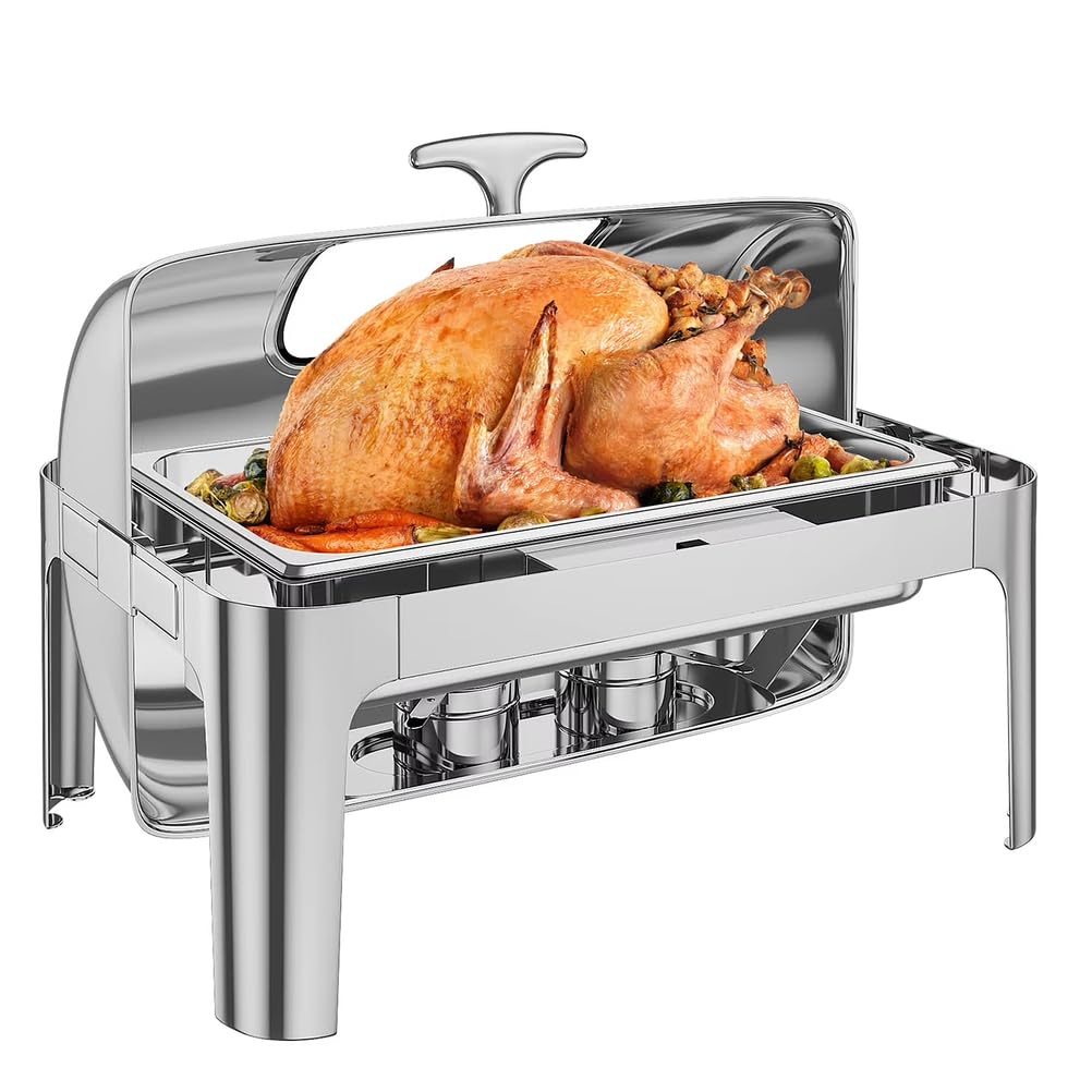 Scaldavivande rettangolare da 9 litri in acciaio inossidabile, Set per buffet con coperchio a rullo e finestra in vetro Ideale per catering, buffet e per mantenere le pietanze al caldo