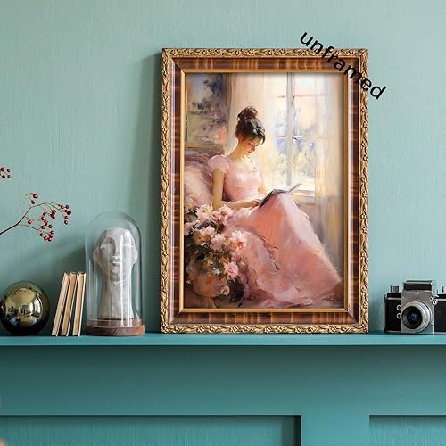 Miniatura 4 de Huabsad Pintura al óleo de retrato vintage, arte de pared retro de niña rosa leyendo un libro, carteles famosos antiguos femeninos, impresiones en