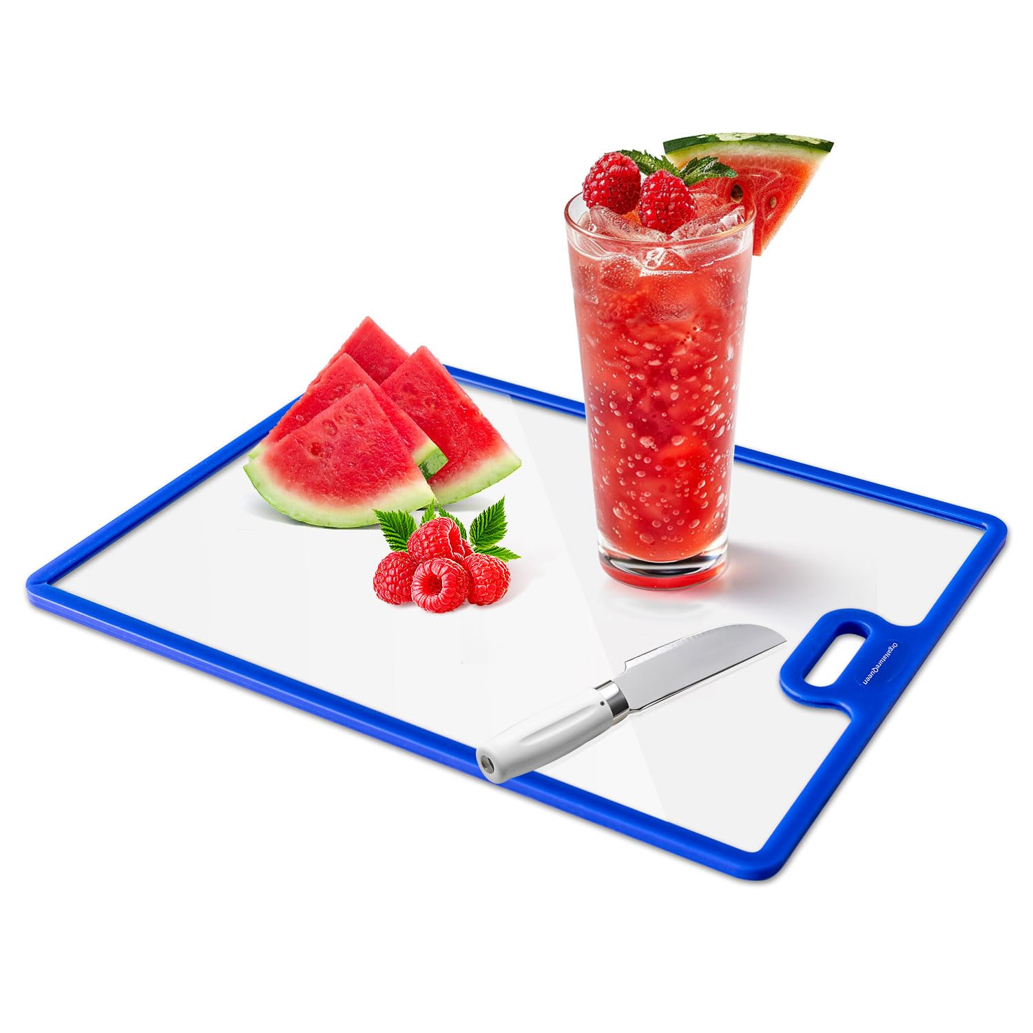 Chopping Boards with Non-Slip Silicone Edges and Hanging Hole，Tempered Glass Cutting Board for Kitchen Counter，Blue Cutting Board for Countertop & Meal Prep (Large)