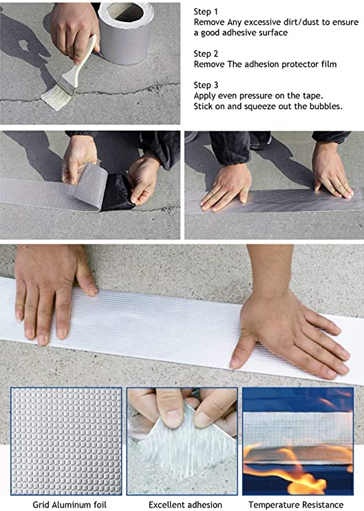 Lexazo Aluminium Foil Waterproof Tape UV Protection Suitable for Permanent Leak Proof, Roof Leak, Surface Crack, Window Sill Gap, Pipe Rupture, Boat Sealing,Home Renovation. (Silver) 2