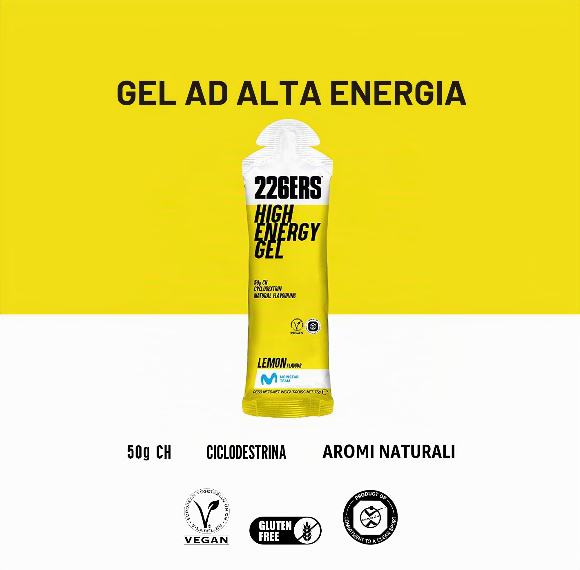 226ERS High Energy Gel | Gel Energético Vegano con Ciclodextrina come Carboidrato, Gel Energetico per Ciclismo e Corsa, Senza doping, Limone - 24 Unità