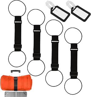 4 Pack Adjustable Luggage Connector Straps for Suitcases with 2 Luggage Tags, Elastic Bungee Belt, Secure Stacking, Hang Coat and Scarf, Hands-Free Travel Essentials, Black