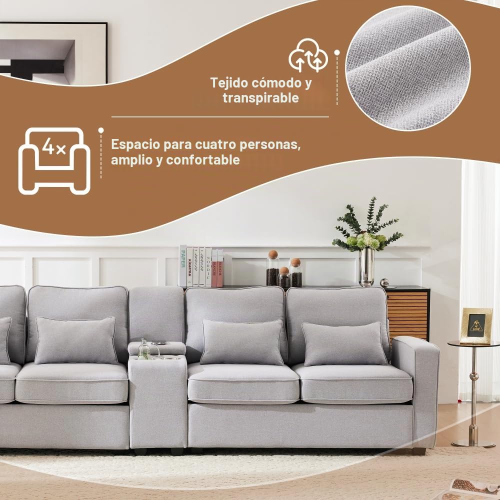 Sofá moderno de 4 plazas con bolsillos para reposabrazos y 4 cojines, con consola, 2 portavasos y 2 tomas USB, en lino, adecuado para muchas ocasiones (Gris+USB)