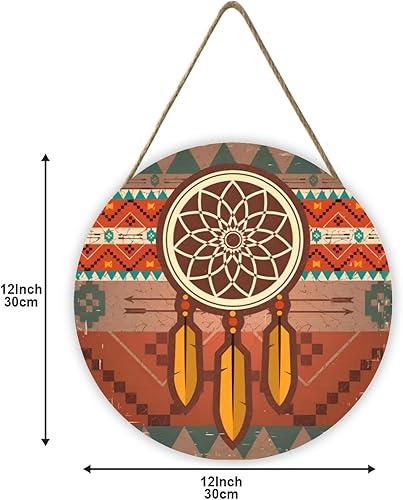 Miniatura 6 de 1 placa de madera decorativa colgante redonda de 12 pulgadas, letrero de madera nativo americano étnico atrapasueños Azteca Maya Suroeste Nativo