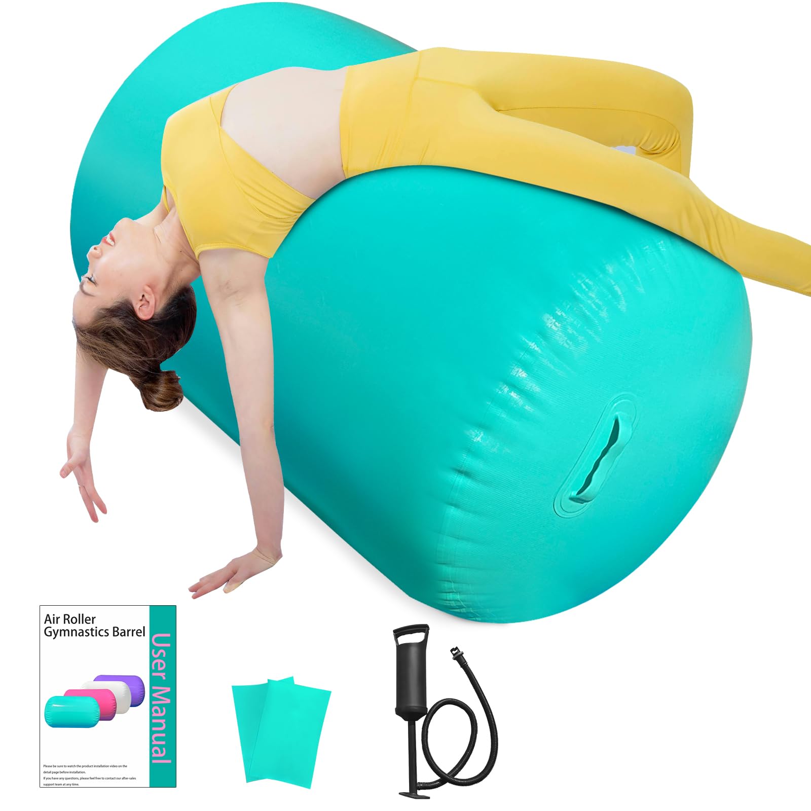 Air Roller Gymnastics Barrel, Air Track Tumbling Mat Equipment Inflatable Barrel Roller Back Handspring Trainer with Manual Pump for Yoga Cheerleading