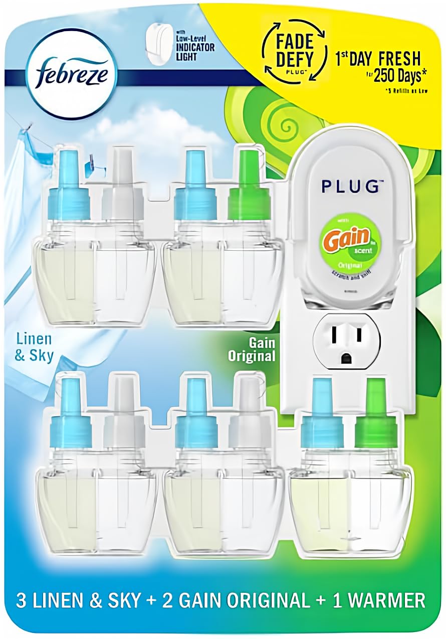 Febreze Plug in Air Fresheners, 3 Linen & Sky & 2 Gain Original Scent, Odor Eliminator for Strong Odors, 1 Warmer + 5 Oil Refills (Packaging May Vary), 6 Piece Set