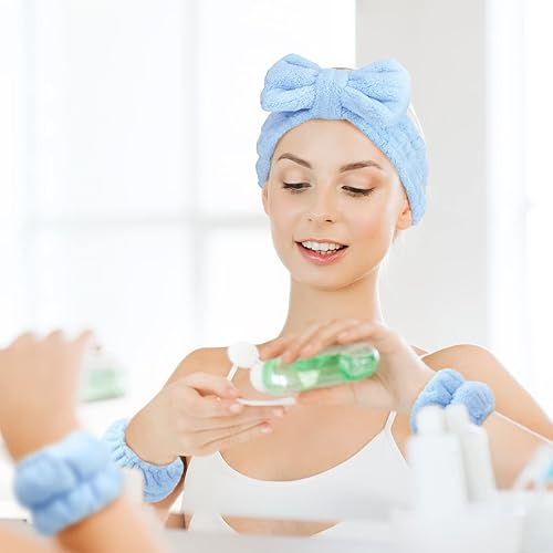 Miniatura 5 de Chuangdi 4 diademas de microfibra para spa y muñequeras para lavar la cara, puños de toalla, diademas para el cabello, para lavado de cara,