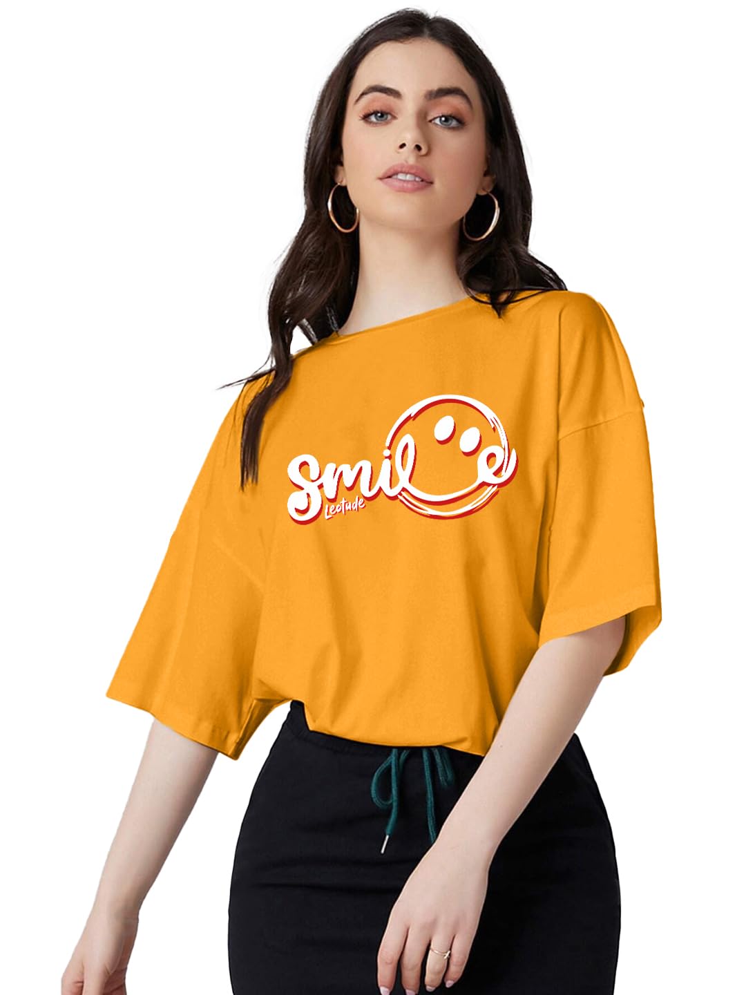Women Smile Mustard Oversized T-Shirt Material Cotton Blend-image-12
