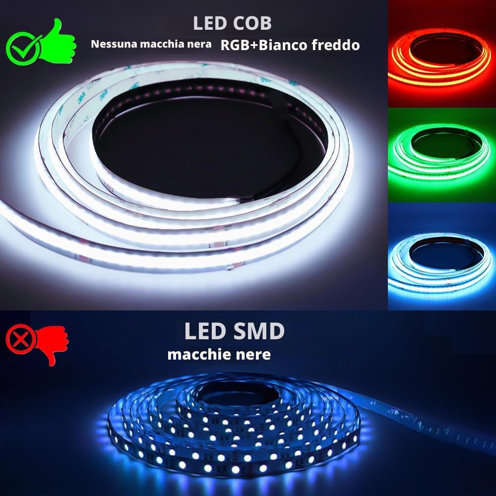 Striscia LED COB 24V RGBCW dimmerabile, da 10 m RGB+bianco freddo 6000K Catena luminosa a 672 LED/m Alta densità, striscia flessibile senza punti luminosi per cucina