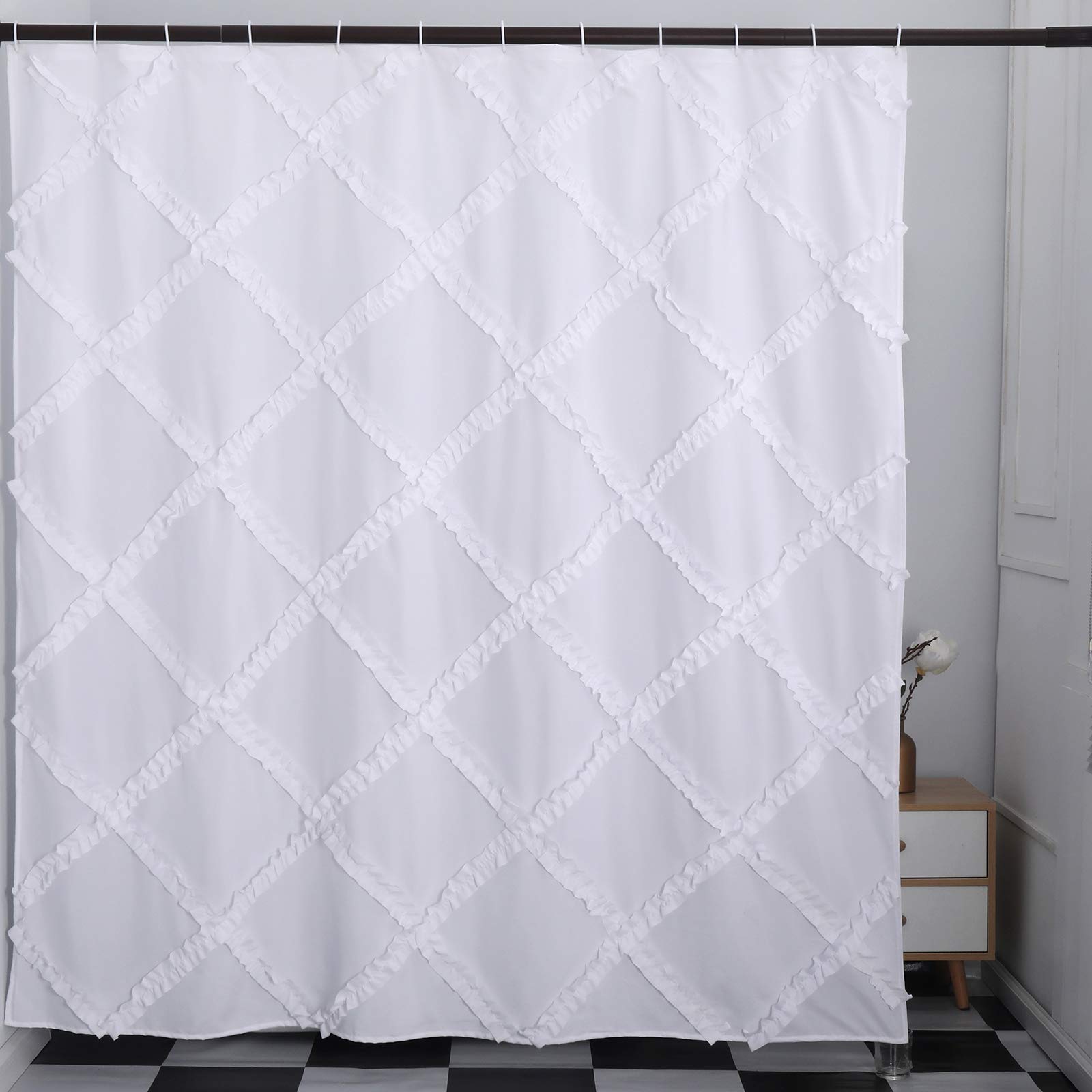 Cortina de ducha de tela con volantes blancos para baño, textura, estilo granjero, rústico, lavable, impermeable y lino, 71 x 71 pulgadas