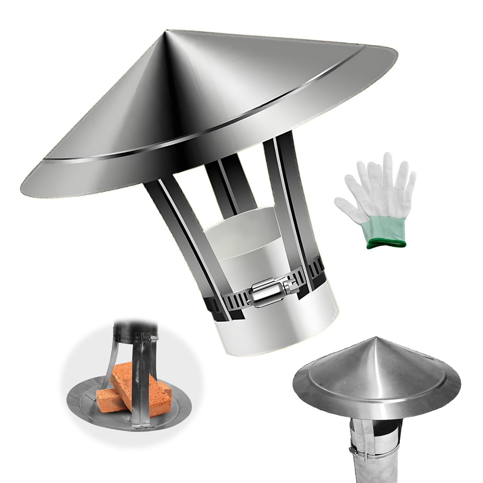 Sombreros Para Chimeneas, Tapa De Lluvia De Techo Redonda De Acero Inoxidable 304, Cubierta De Escape Para Chimenea Con Guantes, Para Estufas De Leña(19 cm/7.48 in)