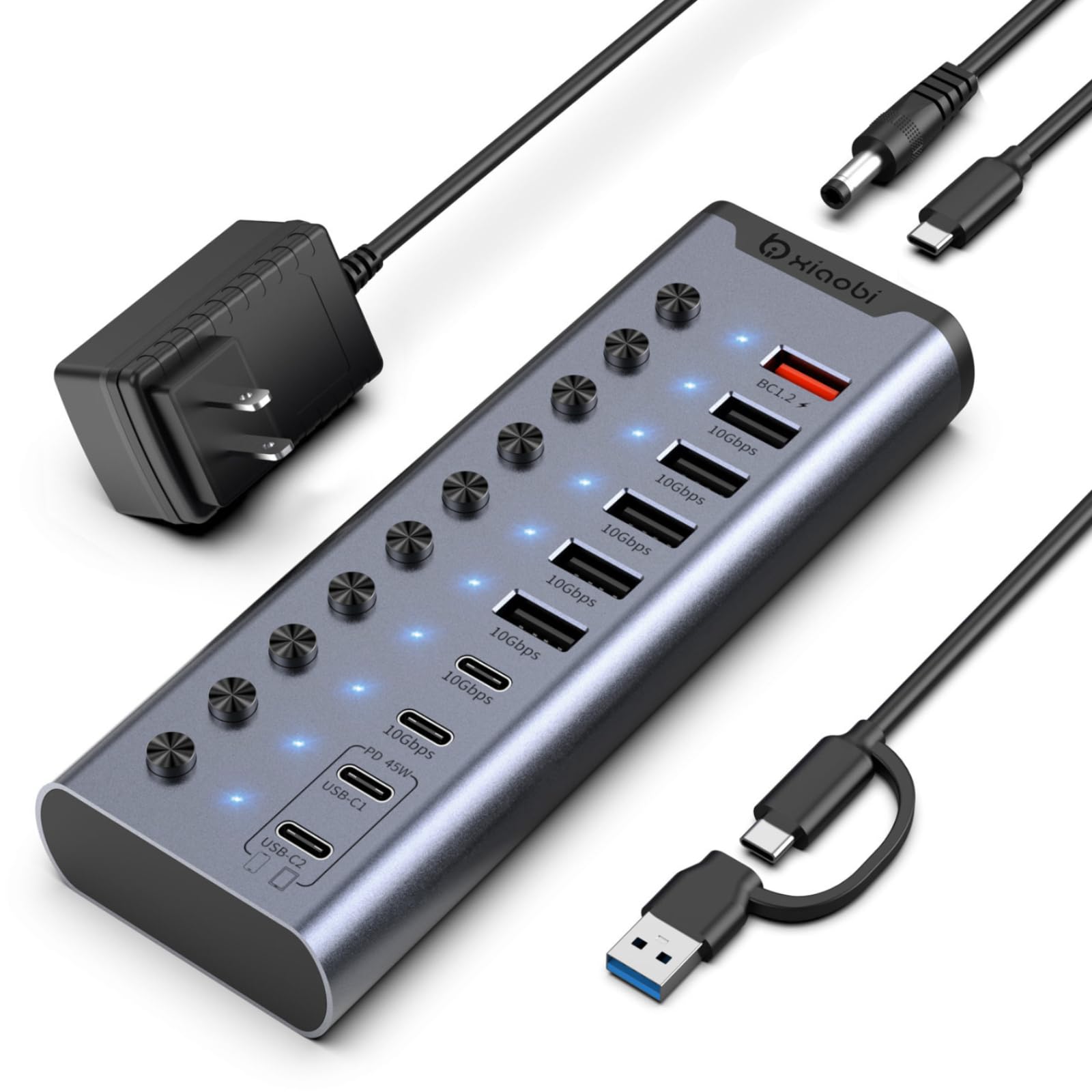 Hub USB alimentato, hub USB C a 10 porte con 6 porte USB-A 3.2, 4 porte USB-C 3.2, 2 porte di ricarica PD 45 W interruttori individuali e adattatore di alimentazione 24V/3A, estensione USB per MacBook