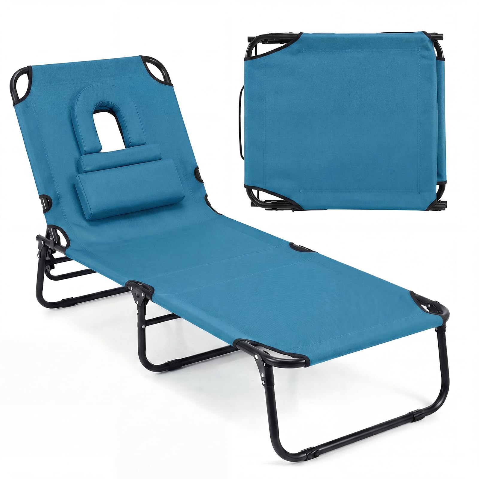 COSTWAY Folding Sun Lounger, 4-Position Adjustable Garden Chaise Lounge Chair Sunbed with Face Hole & Removable Pillows, Portable Outdoor Face Down Sunbathing Tanning Recliner for Patio Beach (Blue) — image 1