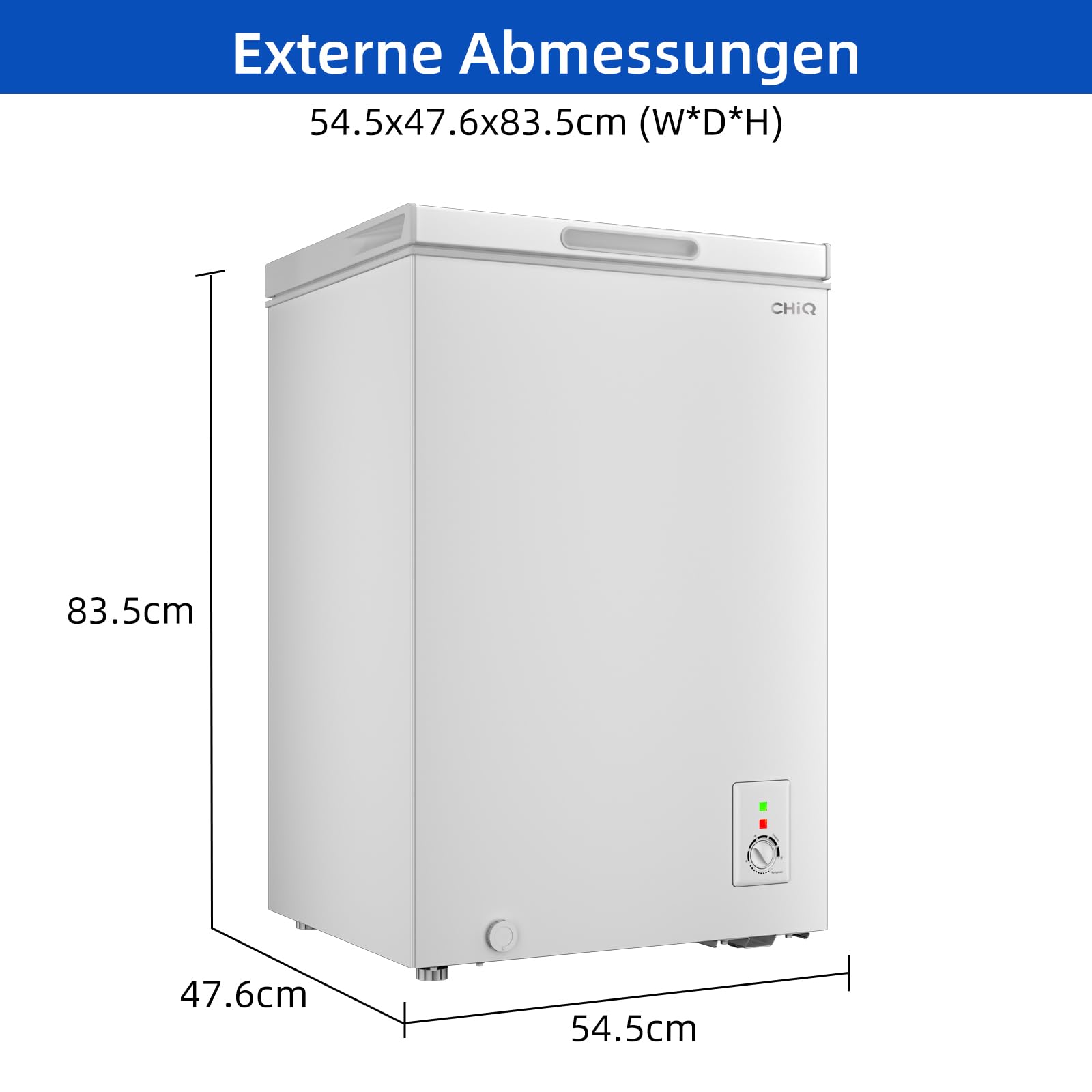 CHiQ Gefriertruhe 99 L Schnelleinfrierfunktion LED 54,5 x 47,6 x 83,5 cm 39 dB 4-Sterne-Gefrieren -24°C Freistehend Weiß