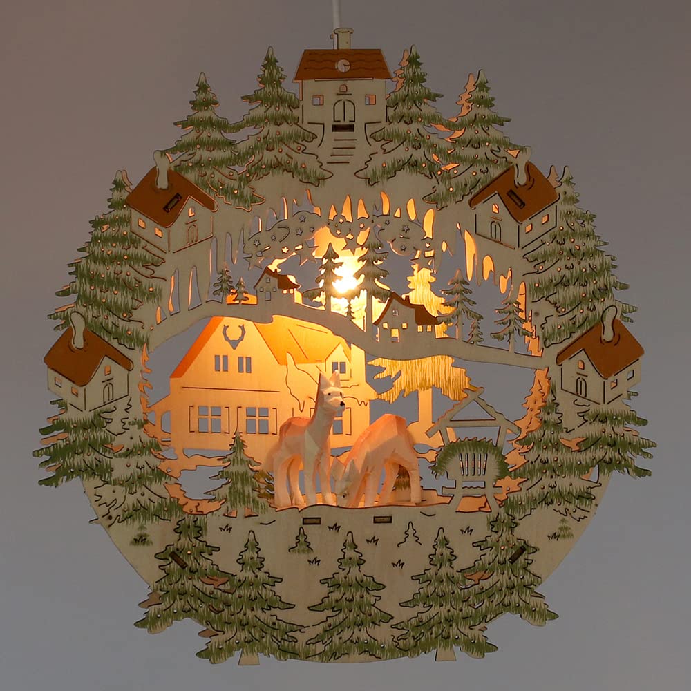 ***Exclusives, beleuchtetes Holz Fensterbild, Motiv: Rehe geschnitzt