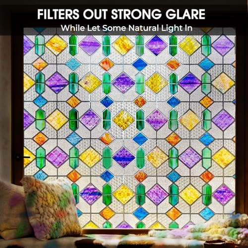 Windimiley Stained Glass Window Privacy Film: 3D Colorful Geometric Decorative Bathroom Frosted Window Clings Sun Heat Blocking Window Tint For Home Non Adhesive Door Covering thumb #8