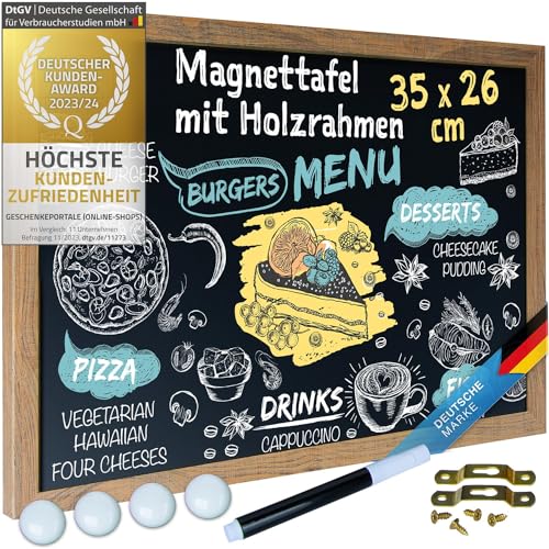 Tableau à craie magnétique à suspendre avec cadre en bois - Tableau mural avec stylo à craie et aimants - Compact - 26 x 35 cm