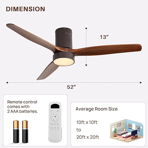 Miniatura 5 de Sofucor Ventilador de techo de perfil bajo de 52 pulgadas con luces, control remoto, aspas de madera, luz regulable, reversible, motor CC,