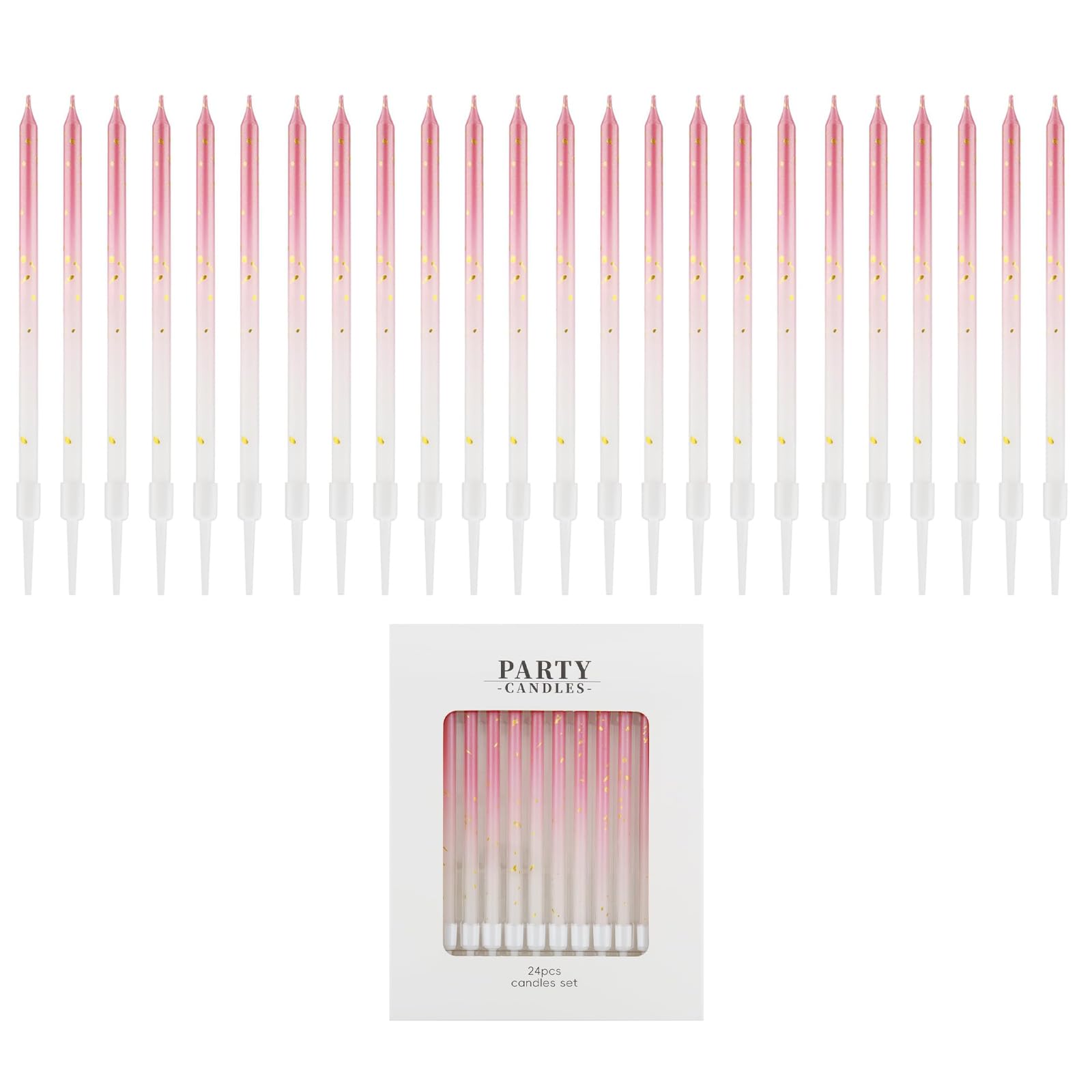 24 Pack Birthday Candles, Gradient Pink Long Thin Cake Candles with Gold Foil, Paraffin Wax, for Birthday, Wedding, Baby Shower, Party Celebration Supplies, Cake Toppers, Candle Holders