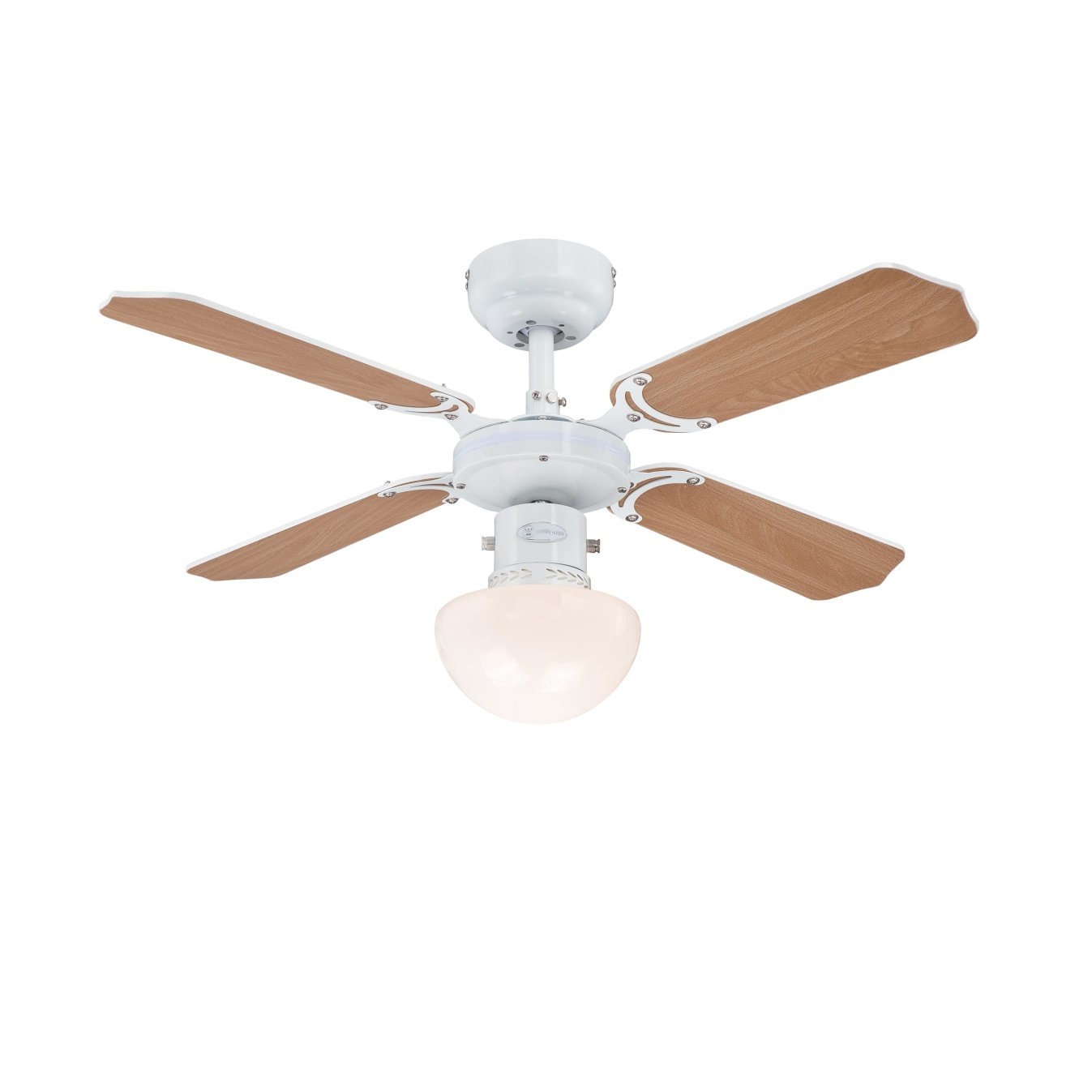 Westinghouse Lighting Portland Ambiance, Deckenventilator mit Beleuchtung, Metall, Ausführung in Weiß mit Wendeflügeln in Weiß/Buche, 7871040, 90 x 90 x 42 cm