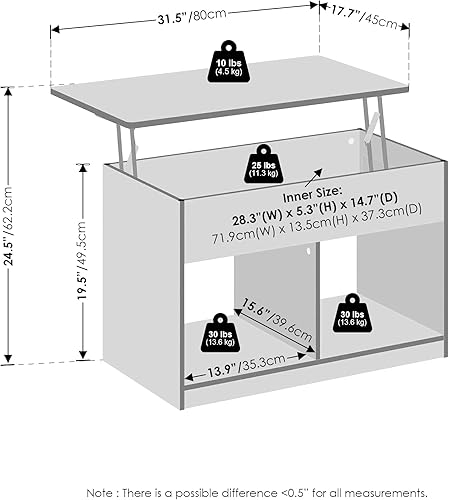 Miniatura 3 de Furinno Jensen - Mesa auxiliar elevable para sala de estar con compartimento oculto, color blanco sólido